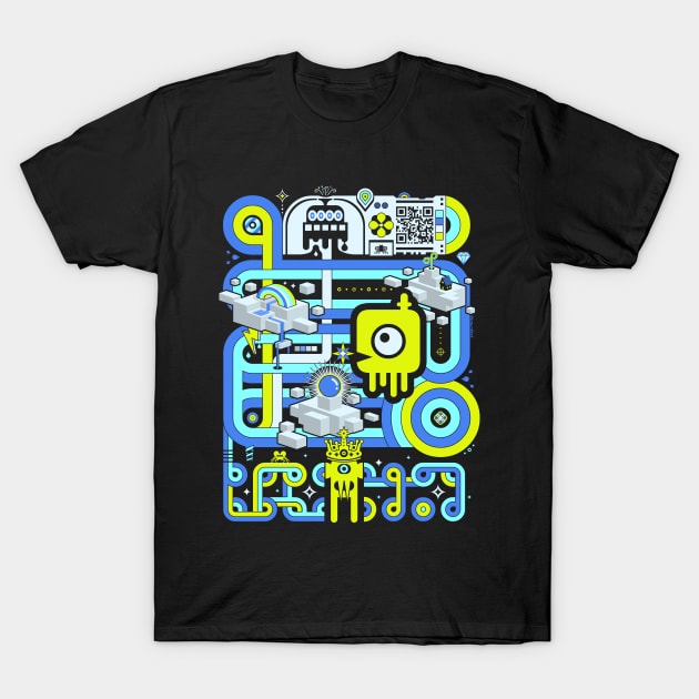 World 2 [blue, white, yellow] T-Shirt by Bug Robot